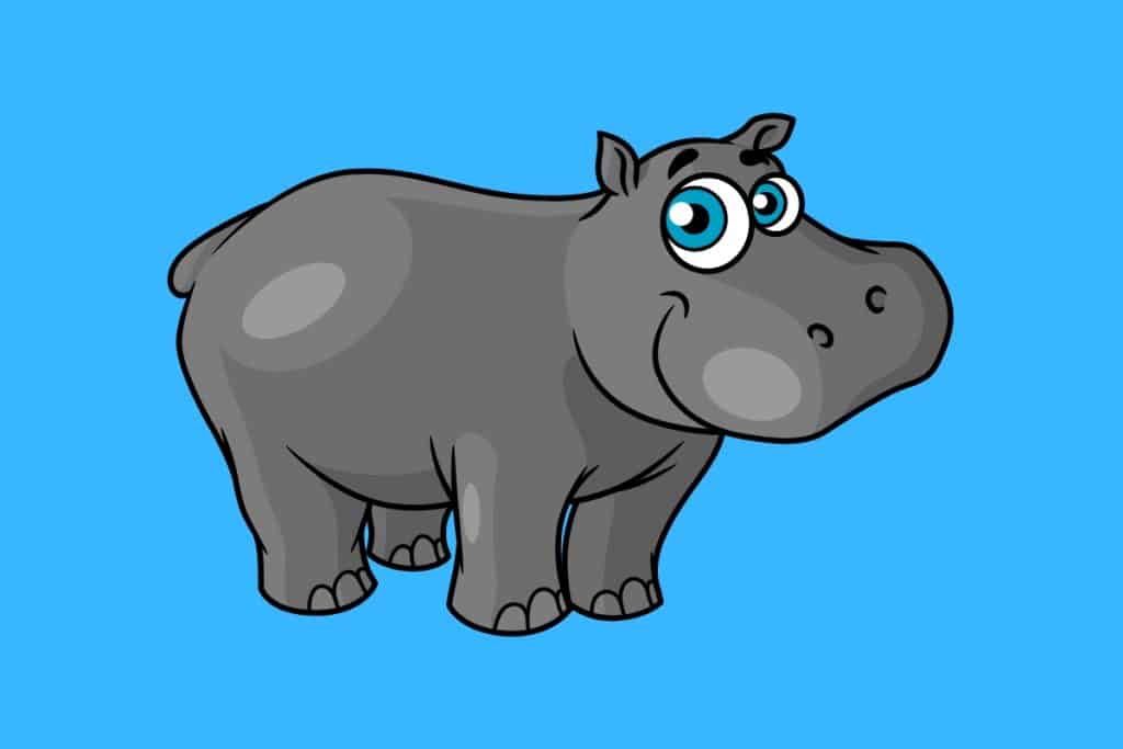 Cartoon graphic of a smiling hippo with blue eyes on a blue background.