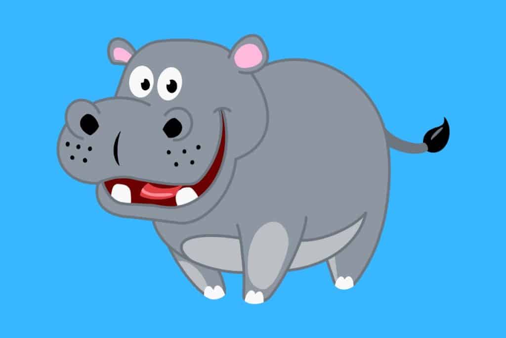 Cartoon graphic of a smiling hippo on a blue background.