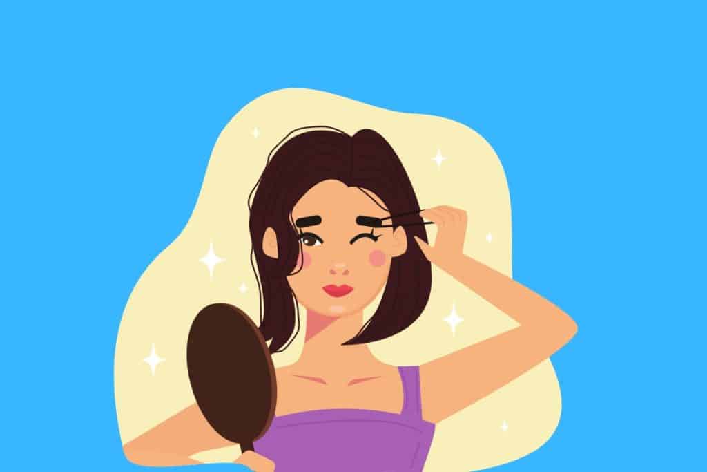 Cartoon graphic of a woman with black hair tweezing her eyebrows on a blue background.