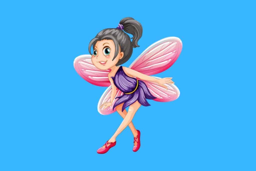 Cartoon graphic of a fairy with dark hair and pink wings on a blue background.