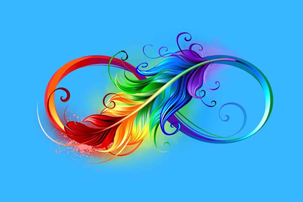 Cartoon graphic of a rainbow-colored feather in the shape of an infinity symbol on a blue background.