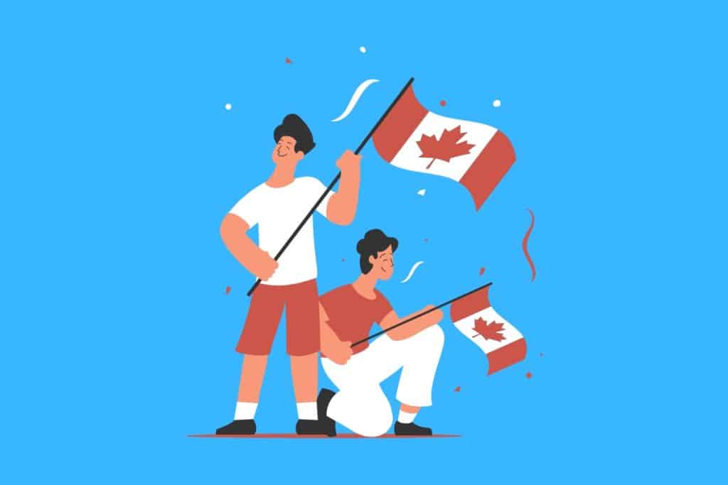 Cartoon graphic of two people holding Canadian flags on a blue background.