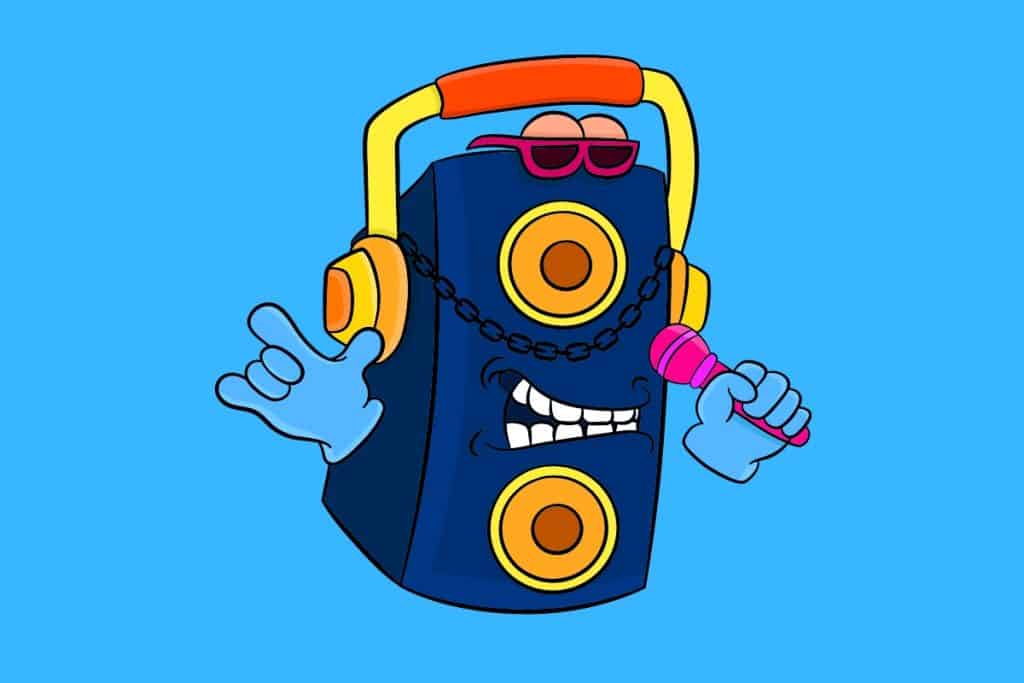 Cartoon graphic of a speaker with hands and mouth holding a karaoke microphone on a blue background.