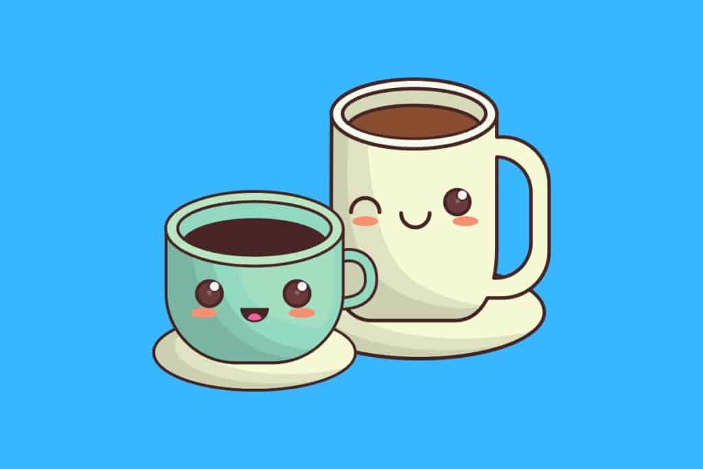 Cartoon graphic of two coffee mugs smiling and one winking on a blue background.