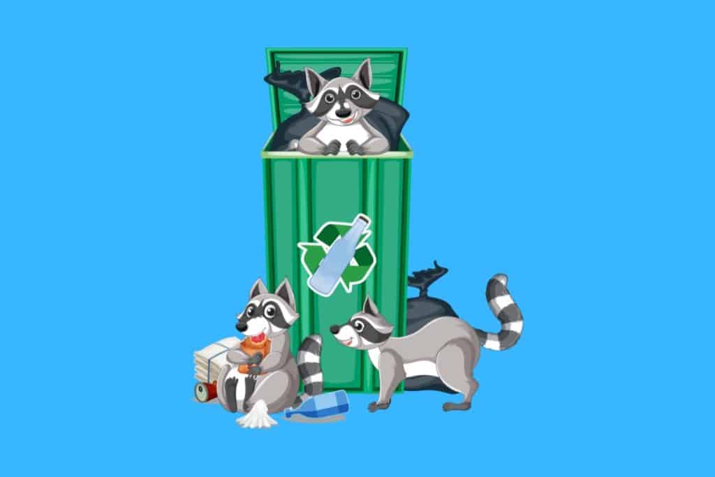 Cartoon graphic of a raccoon in a trash bin with two others looking at trash on a blue background.