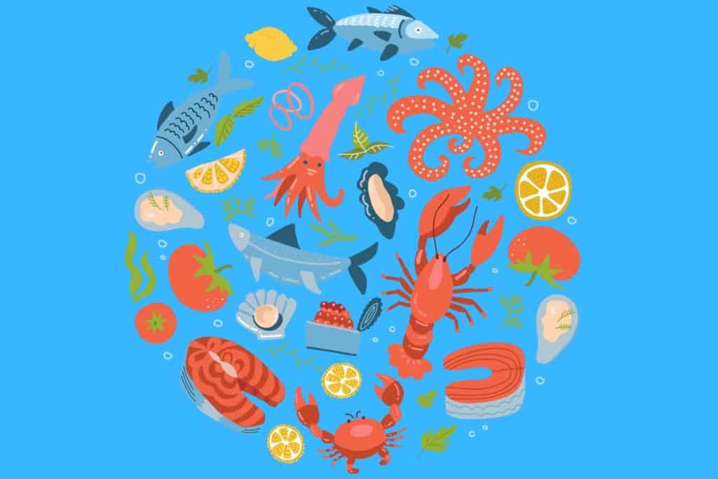 Cartoon graphic of seafood arranged in a circle spread out on a blue background.