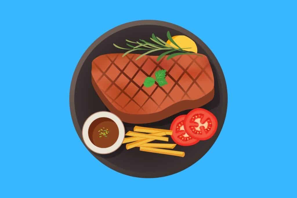 Cartoon graphic of a steak on a plate with chips, tomatoes and sauce on a blue background.