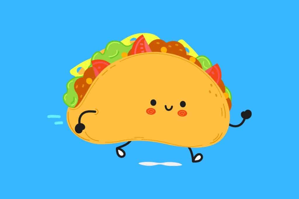 Cartoon graphic of a running taco with smiling face on a blue background.