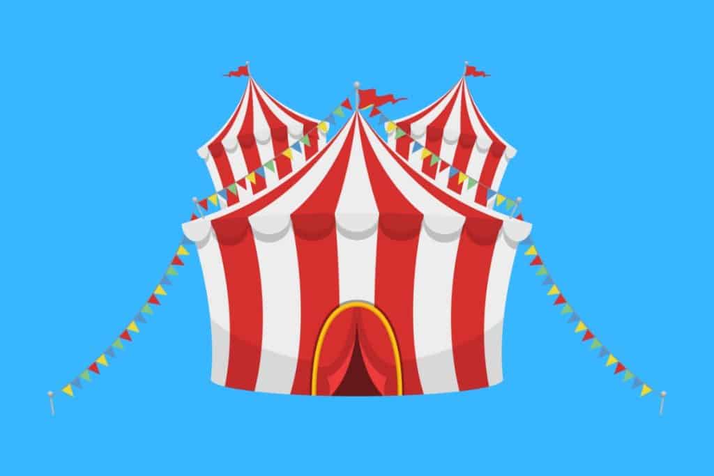 Cartoon graphic of a red and white striped big circus tent on a blue background.