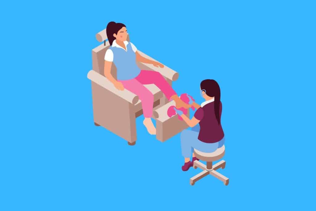 Cartoon graphic of a woman having a pedicure with her toes on a blue background.