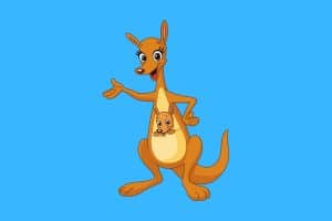 Cartoon graphic of a smiling kangaroo and her joey on a blue background.