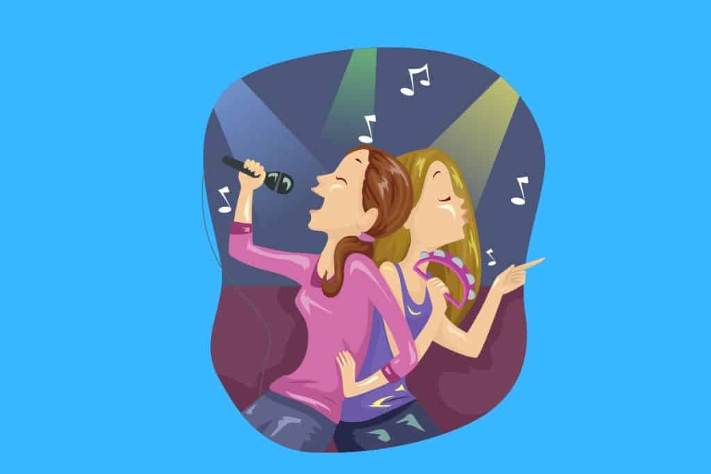 Cartoon graphic of two friends back to back singing karaoke on a blue background.