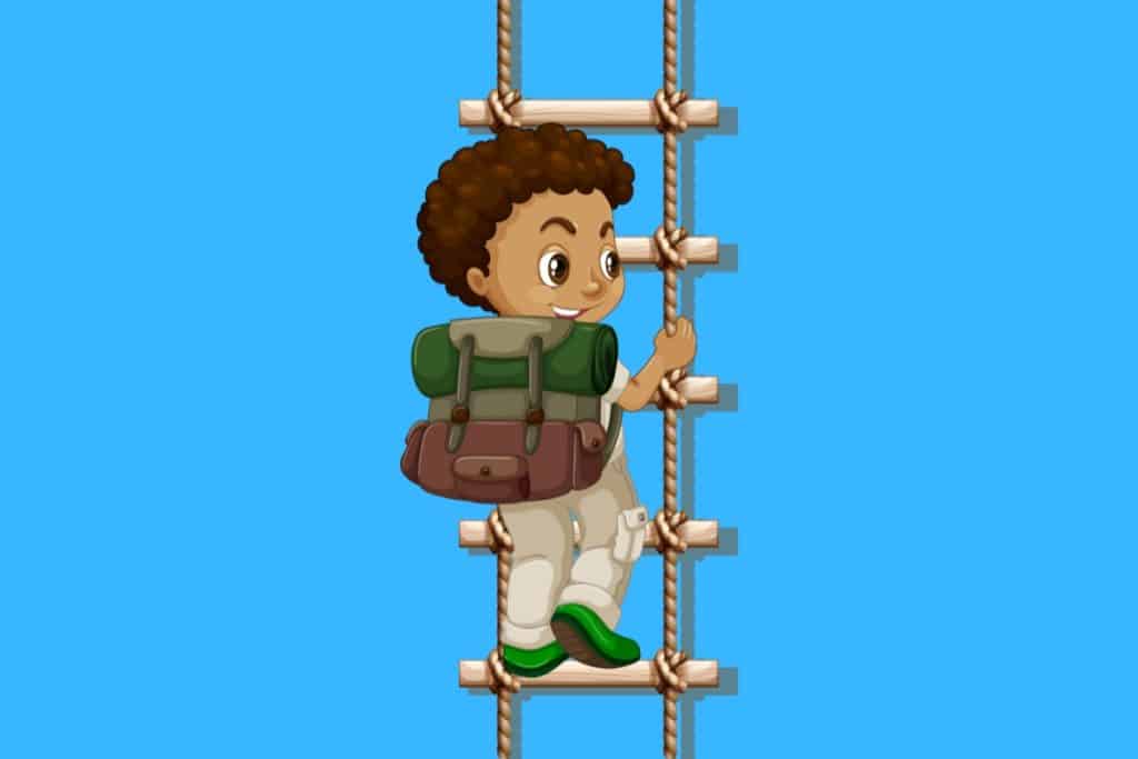 Cartoon graphic of a boy climbing a rope ladder while wearing a hiking backpack on a blue background.