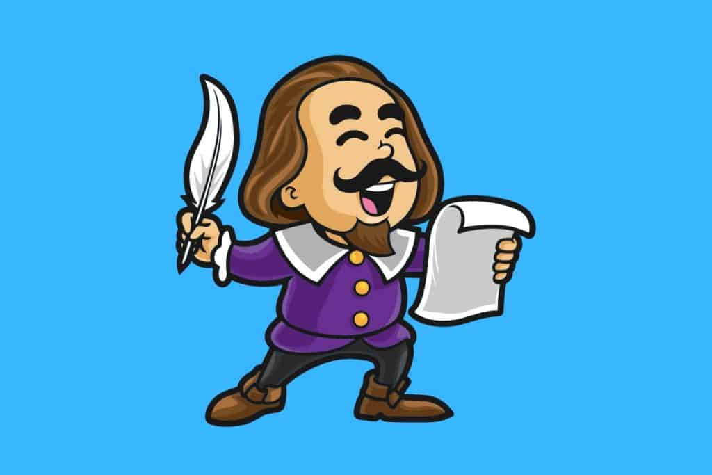 Cartoon graphic of literature icon Shakespeare holding a quill and paper and smiling with eyes closed on a blue background.