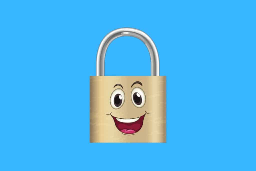 Cartoon graphic of a lock with a smiling face on a blue background.
