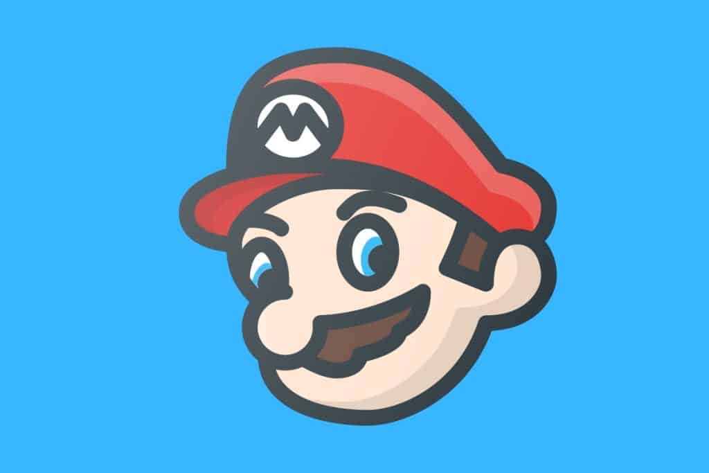 Cartoon graphic of Mario face on a blue background.