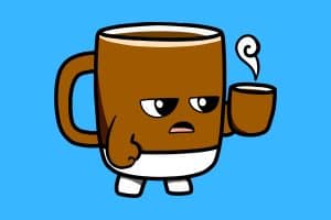 Cartoon graphic of a mug with a grumpy face holding another small coffee mug on a blue background.