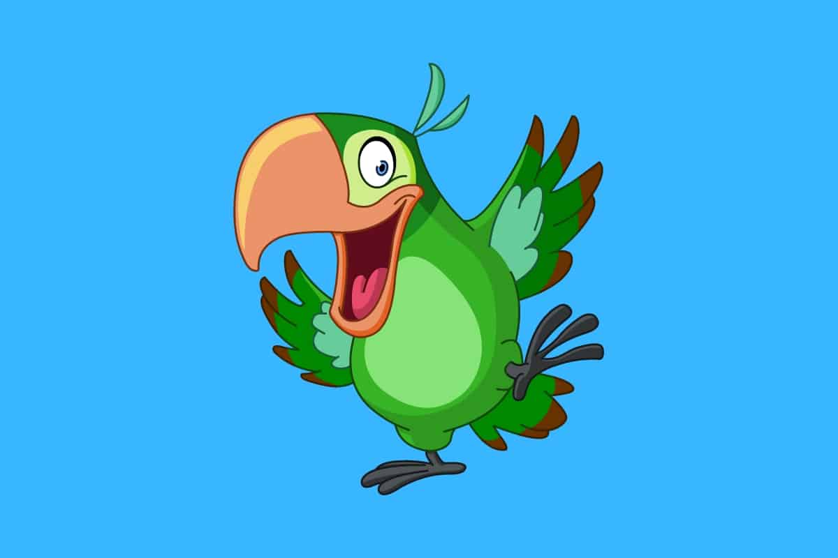 Cartoon graphic of a green parrot smiling a lot on a blue background.