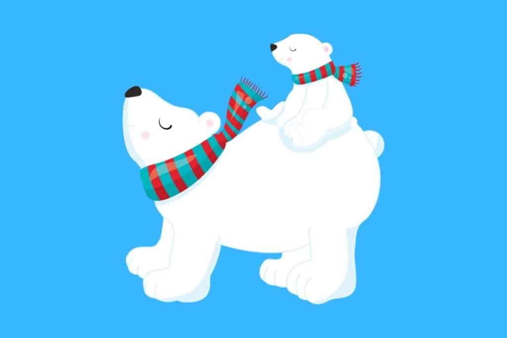 Cartoon graphic of a child polar on the back of its mother both wearing scarfs on a blue background.