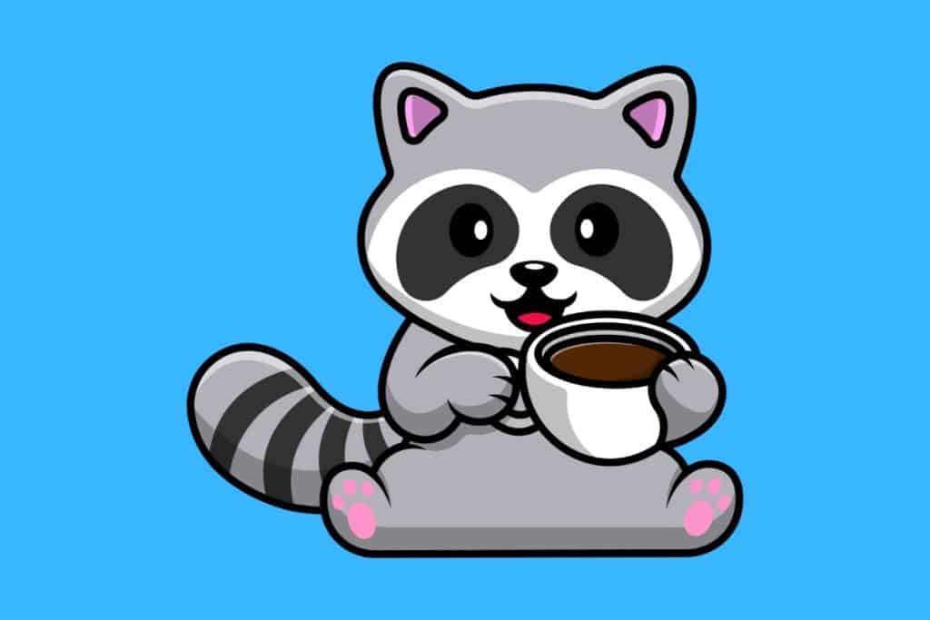 Cartoon graphic of a raccoon drinking coffee from a latte cup on a blue background.