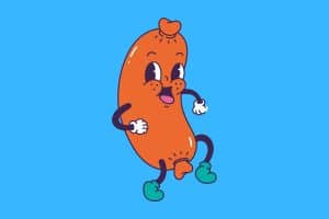 Cartoon graphic of a silly walking sausage on a blue background.