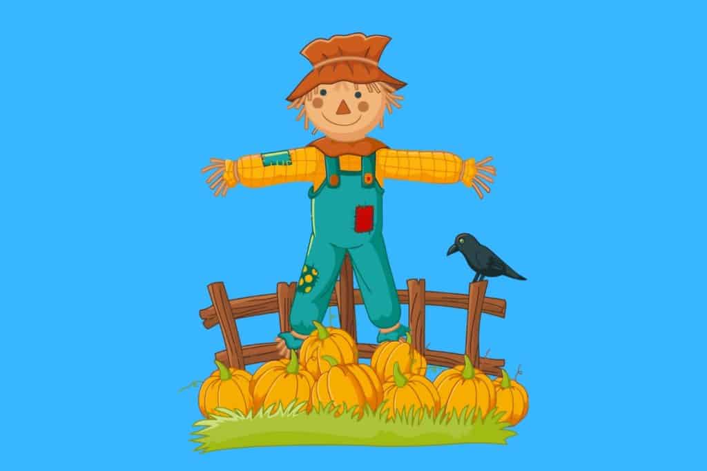 Cartoon graphic of a scarecrow by a pumpkin patch and a crow on the fence nearby on a blue background.