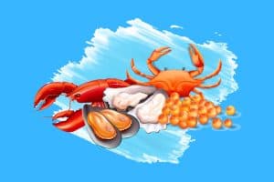 Cartoon graphic of seafood on a light blue brush stokes on a blue background.