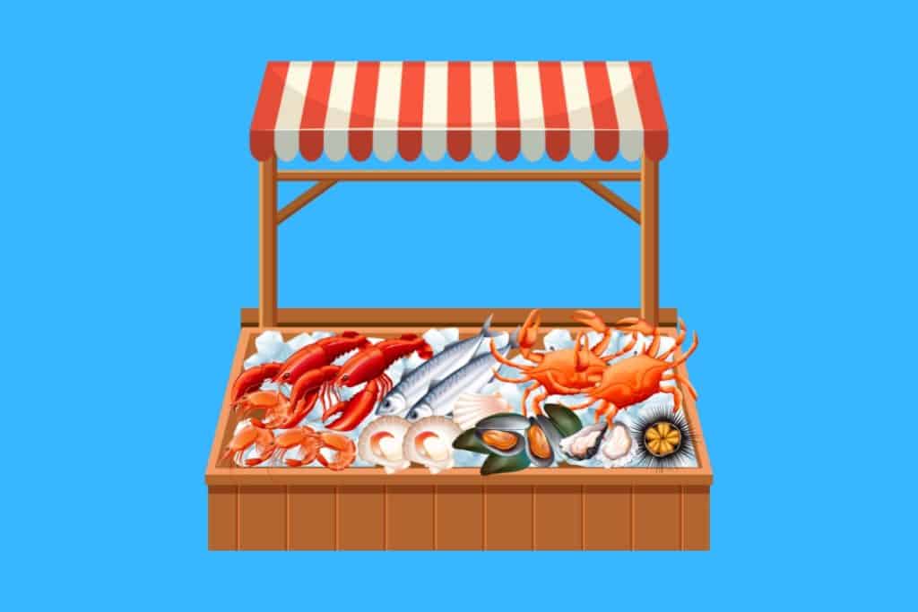 Cartoon graphic of a seafood stand on a blue background.