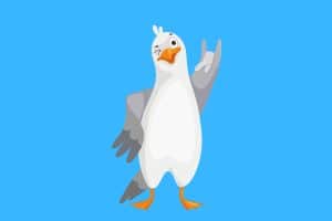 Cartoon graphic of a seagull doing the rock on signal with its wing hands on a blue background.