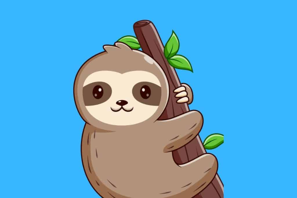 Cartoon graphic of a sloth hanging onto a tree branch on a blue background.
