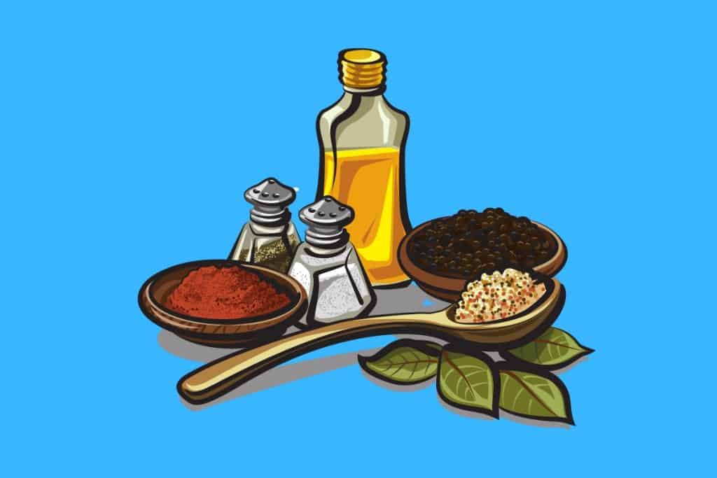 Cartoon graphic of few spices and oil on a blue background.
