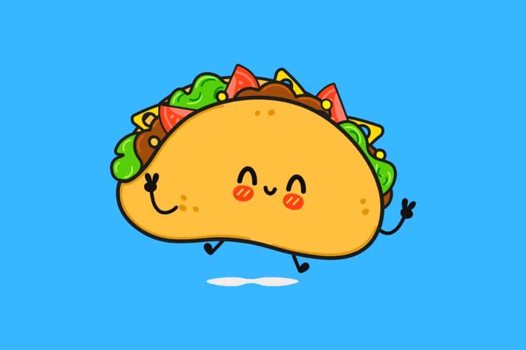 Cartoon graphic of a smiling taco doing peace signs with its hands on a blue background.