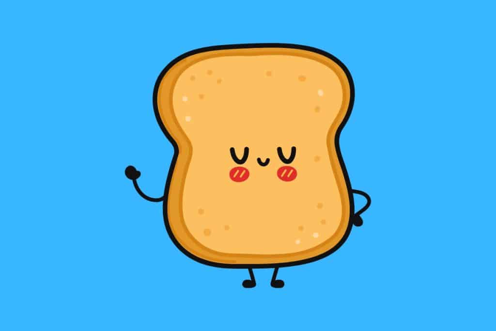 Cartoon graphic of a piece of toast smiling and waving with eyes closed on a blue background.