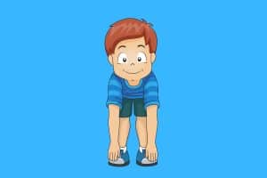 Cartoon graphic of a young boy smiling and bending over to touch his toes on a blue background.
