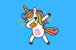 Cartoon graphic of a unicorn standing and dapping across its eyes on a blue background.