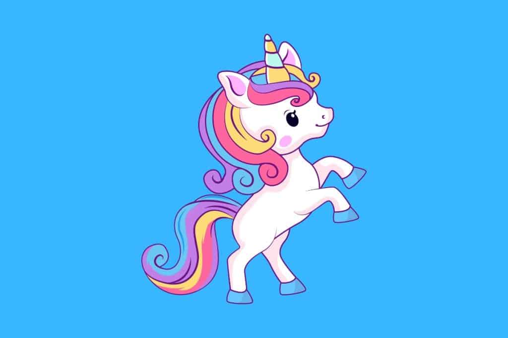 Cartoon graphic of a unicorn standing on its back legs side on on a blue background.