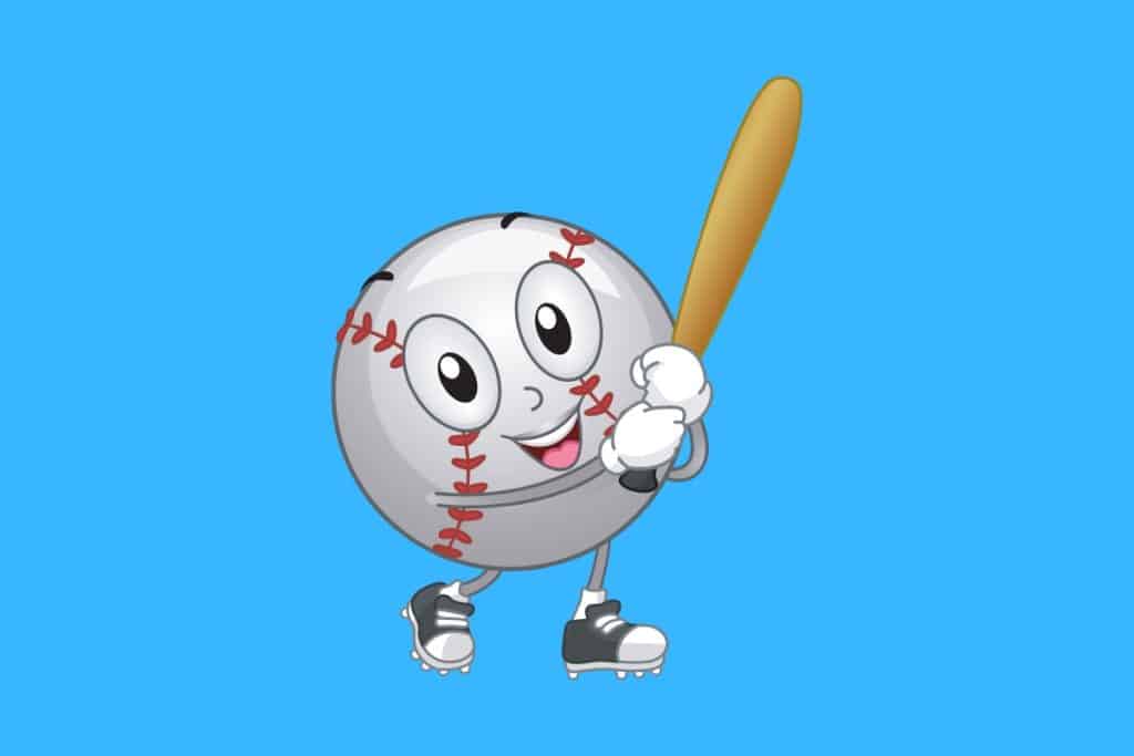 Cartoon graphic of a baseball holding a baseball bat and smiling on a blue background.