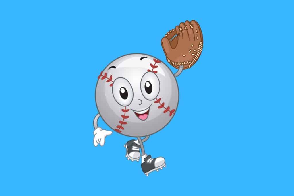 Cartoon graphic of a baseball holding a baseball glove and smiling on a blue background.