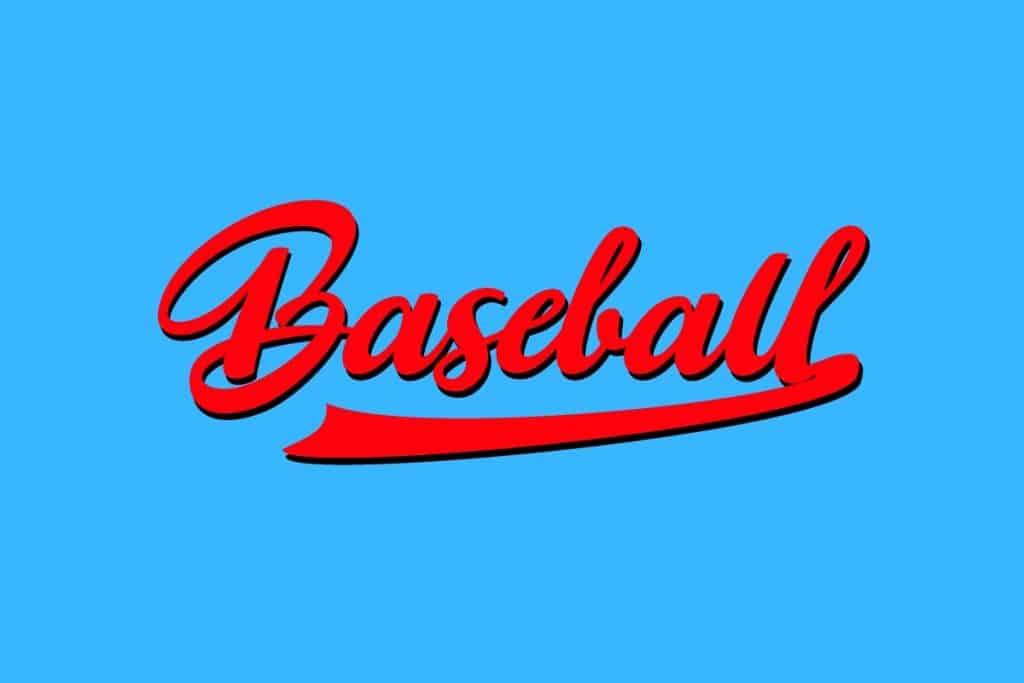 Cartoon graphic of the word baseball in red linked writing on a blue background.