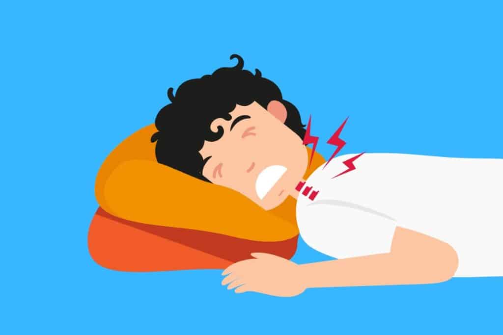 Cartoon graphic of a boy resting his sore neck and head on a pillow on a blue background.