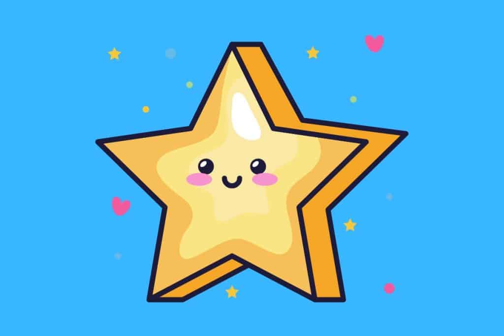 Cartoon graphic of a star with a smiling face and love hearts around on a blue background.