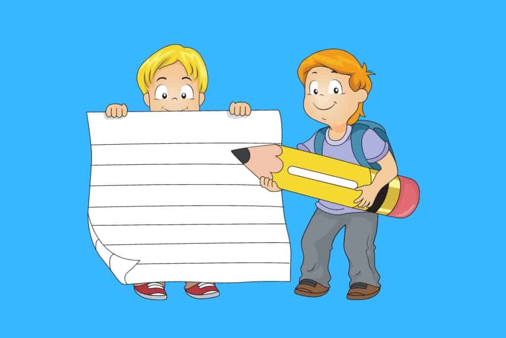 Cartoon graphic of one boy holding a massive piece of paper and another holding a massive pencil to write with a on a blue background.