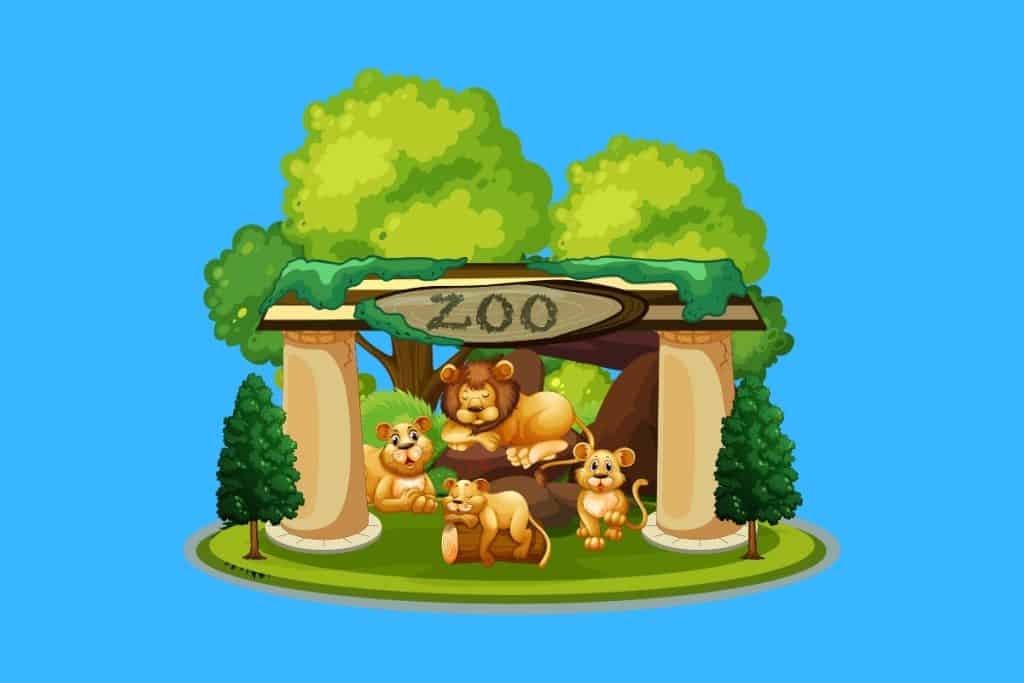 Cartoon graphic of a zoo sign with 4 lions underneath and surrounded by trees on a blue background.