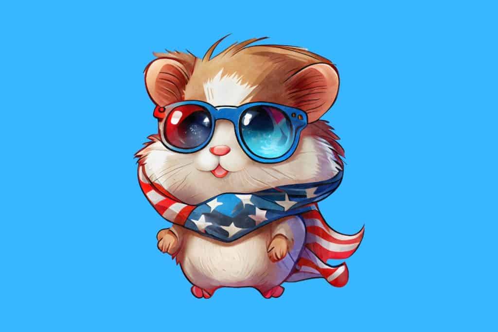 Cartoon graphic of a hamster wearing sunglasses and an American flag scarf on a blue background.
