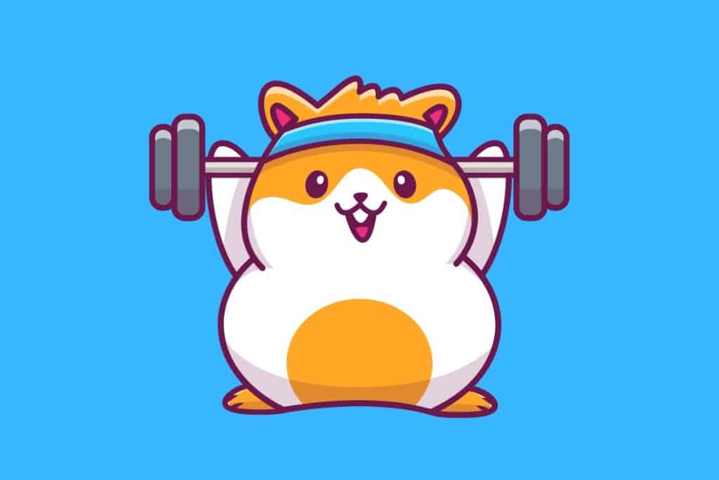 Cartoon graphic of a hamster with a headband lighting weights on a blue background.