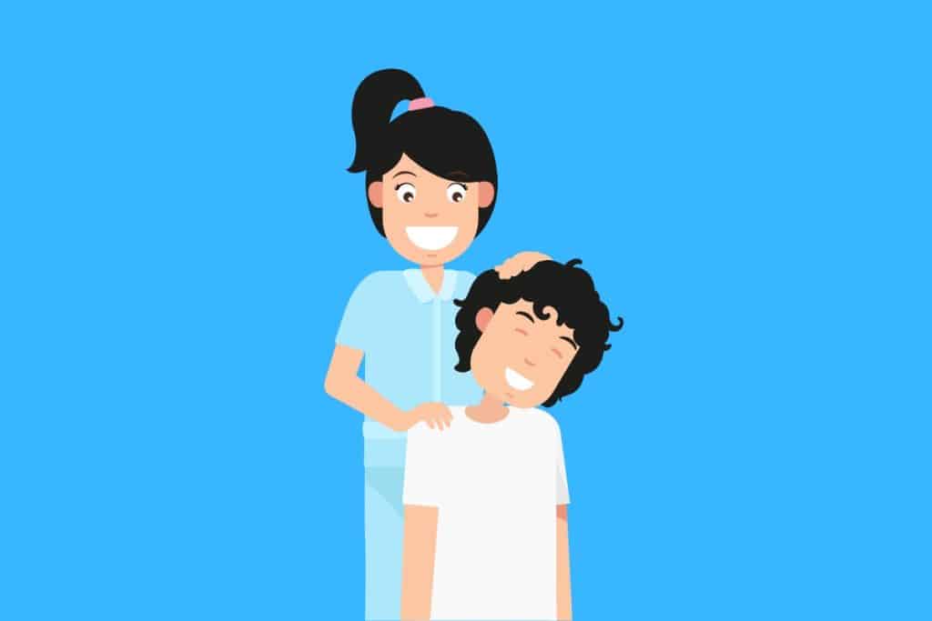Cartoon graphic of a boy getting his neck massaged by his mom on a blue background.