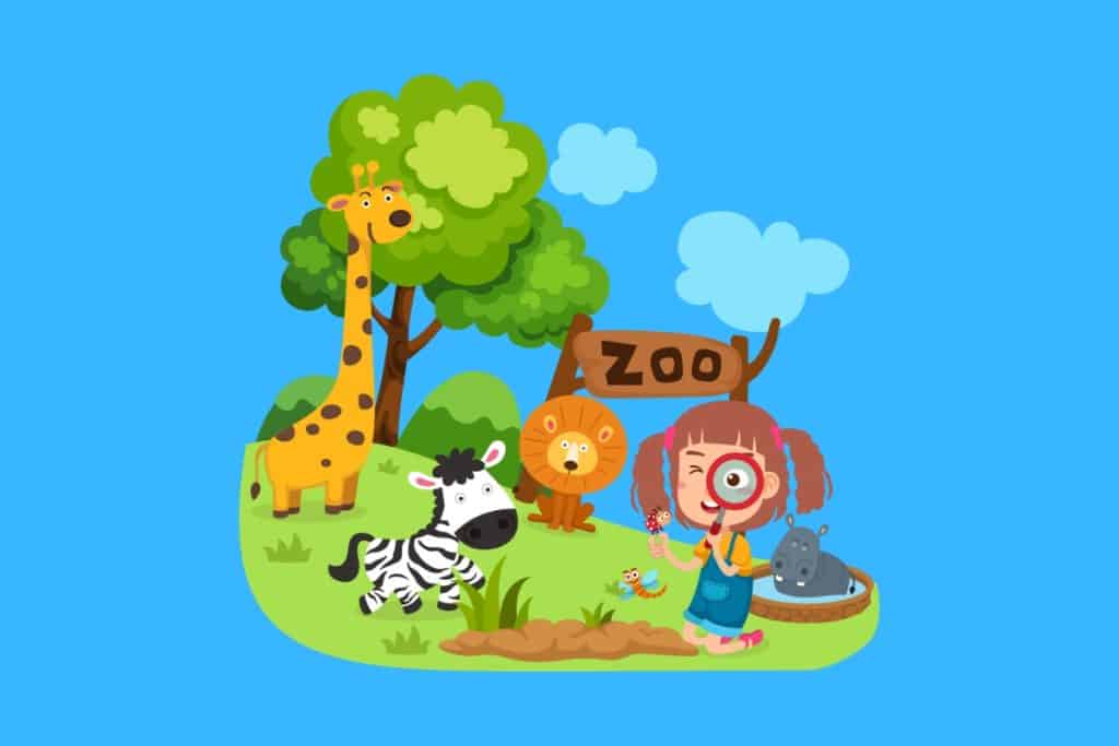 Cartoon graphic of a zoo sign with a giraffe, zebra, lion. There is also a girl looking through a magnifying glass. All on a blue background.