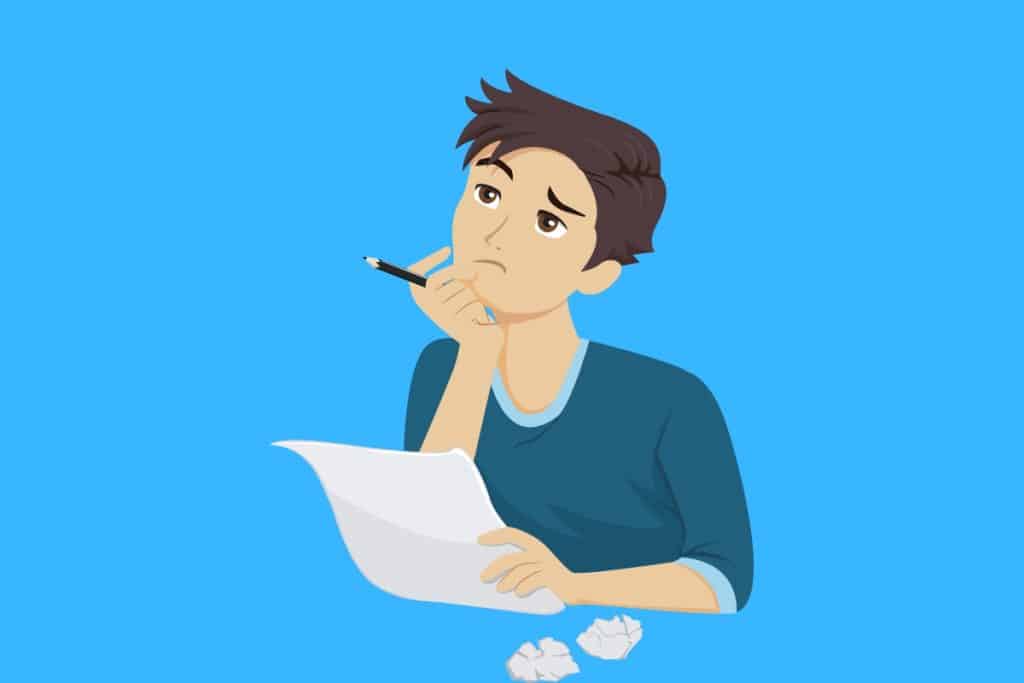 Cartoon graphic of a man holding a piece of paper and pen and thinking about what to write on a blue background.