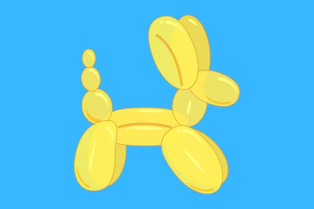 Cartoon graphic of a yellow balloon dog on a blue background.