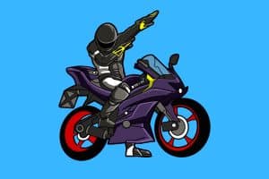 Cartoon graphic of a motorbike and driver doing a dab on a blue background.